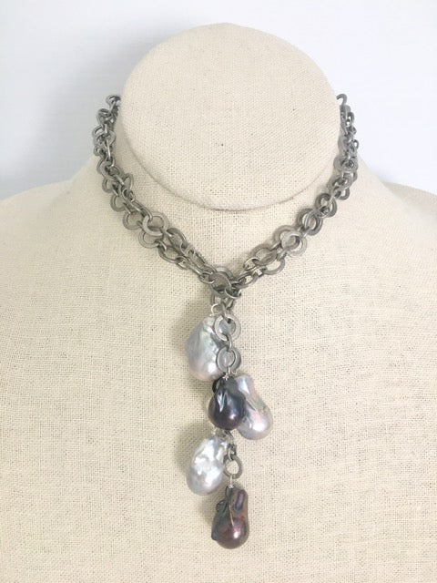LONG LINK &amp; PEARL LARIAT NECKLACE