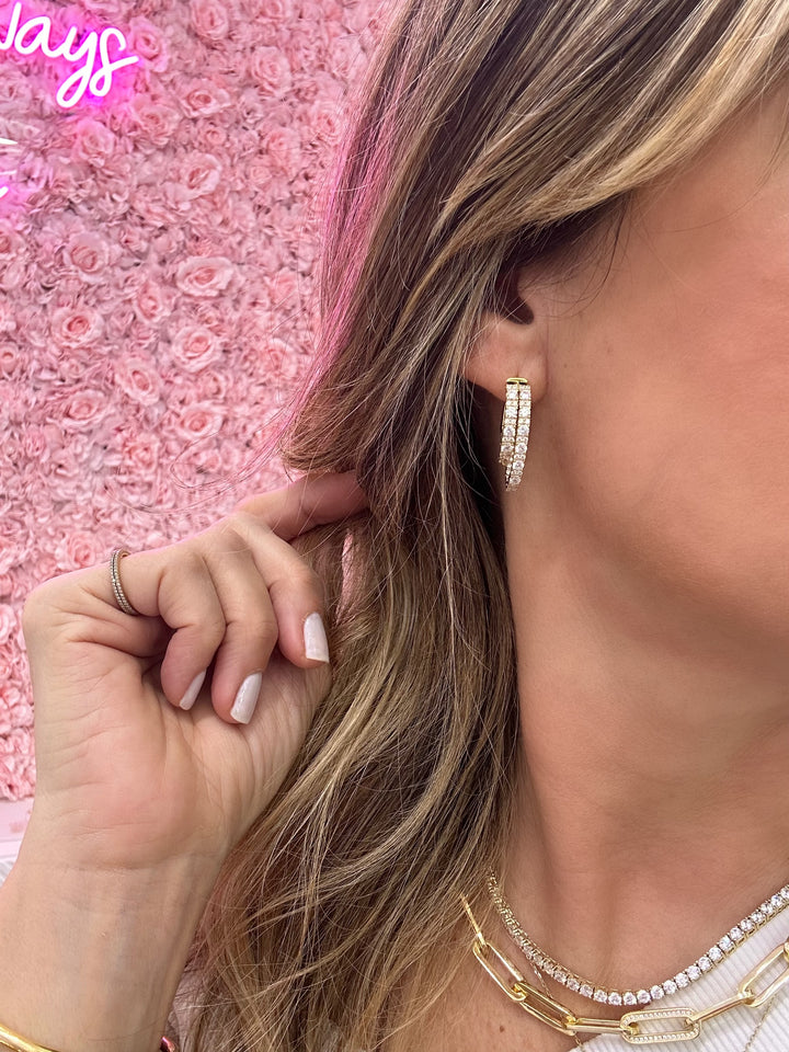 HIGH LOW DOUBLE CZ DIAMOND HOOP EARRINGS