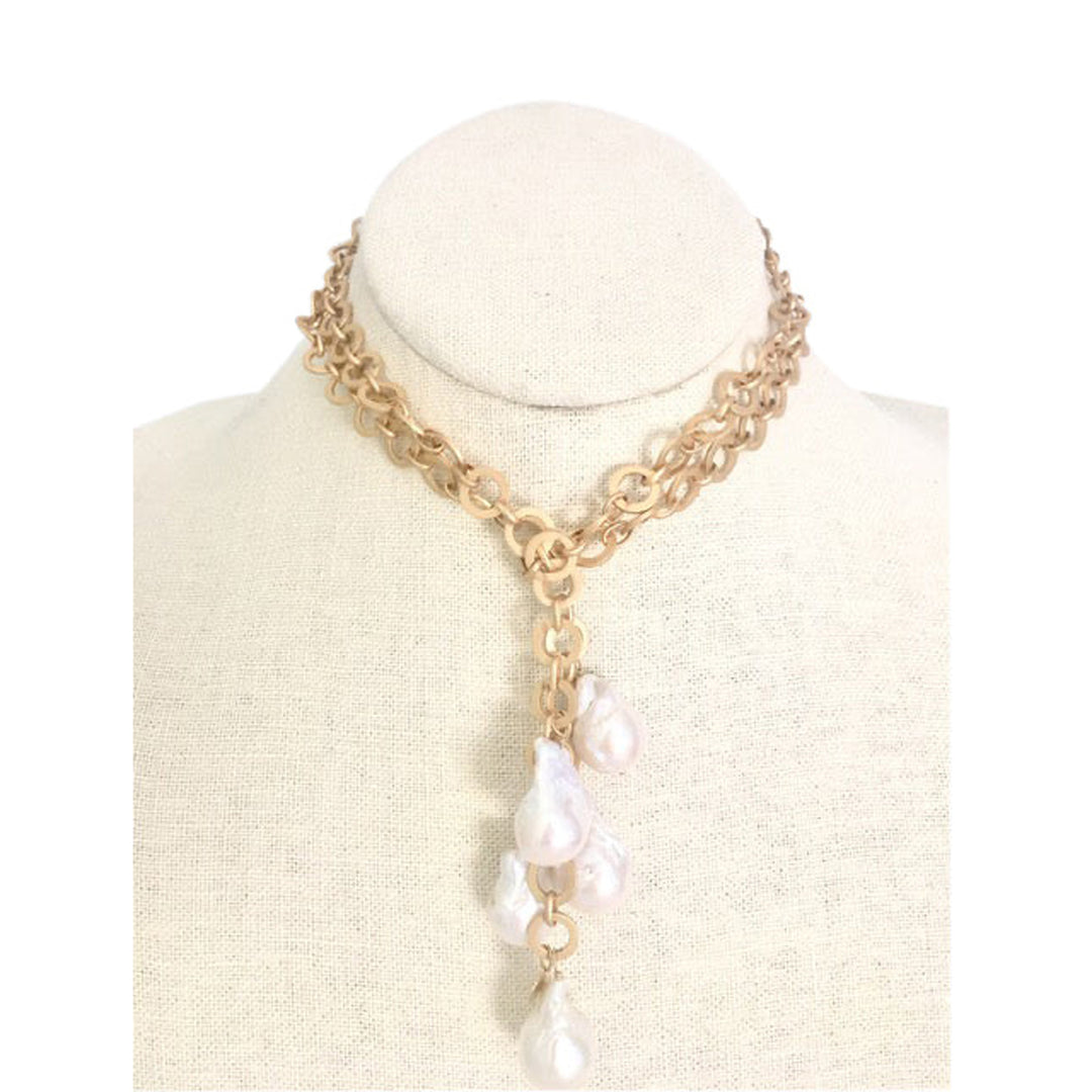 LONG LINK &amp; PEARL LARIAT NECKLACE