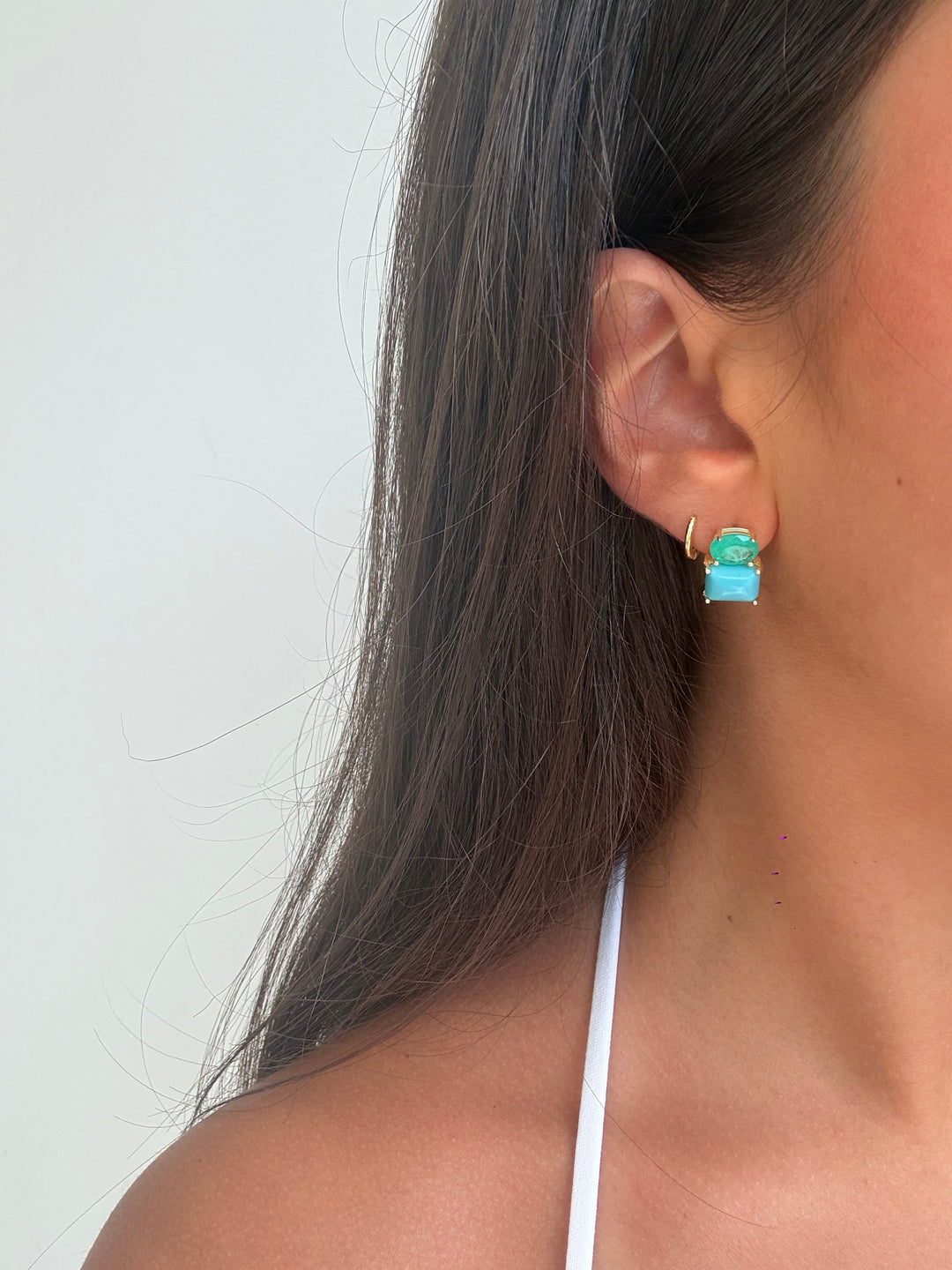 GREEN &amp; TURQUOISE TWO STONE EARRINGS