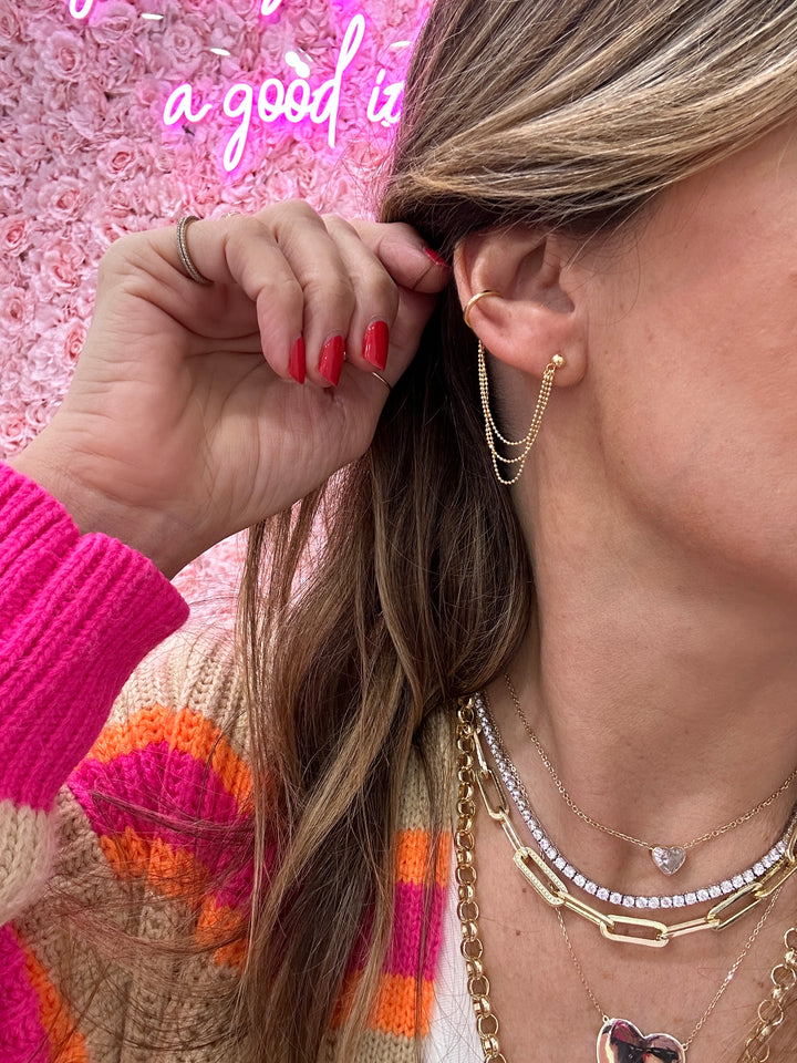 14K STUD TRIPLE CHAIN &amp; CUFF EARRINGS