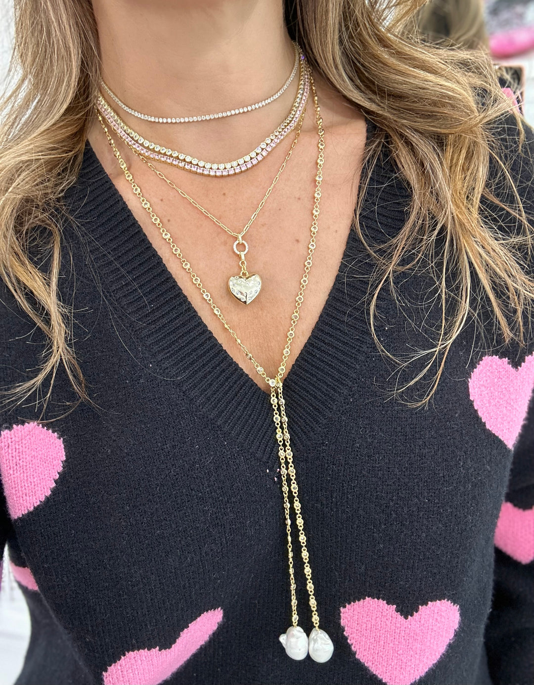 LONG CZ BEZEL LARIAT WITH PEARL ENDS