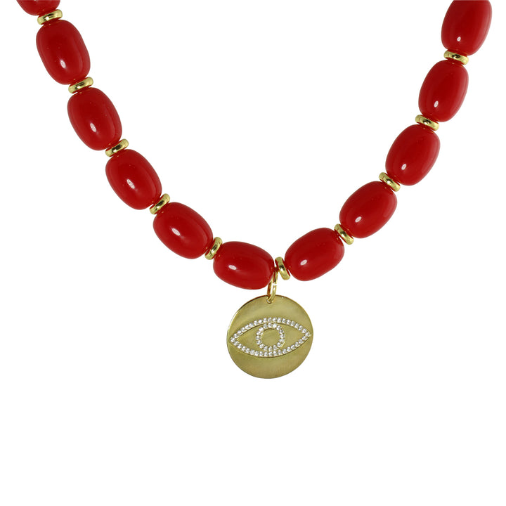RED BEAD EVIL EYE DISC NECKLACE
