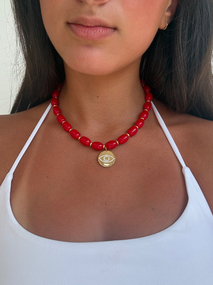 RED BEAD EVIL EYE DISC NECKLACE