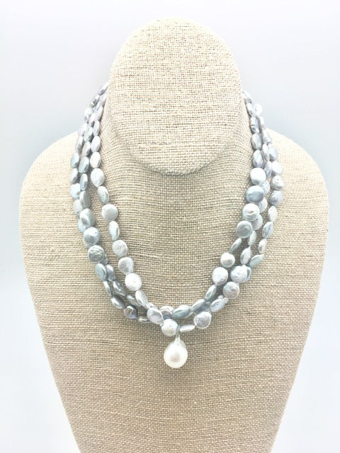 TRIPLE ROW PEARL / AQUAMARINE DROP NECKLACE