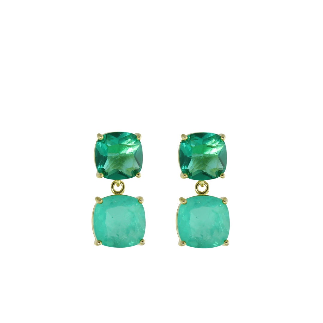 GREEN CUSHION CUT DOUBLE DROP EARRINGS.