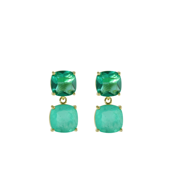 GREEN CUSHION CUT DOUBLE DROP EARRINGS.