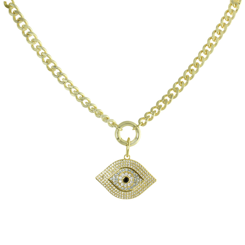 Gold Cuban link evil eye necklace