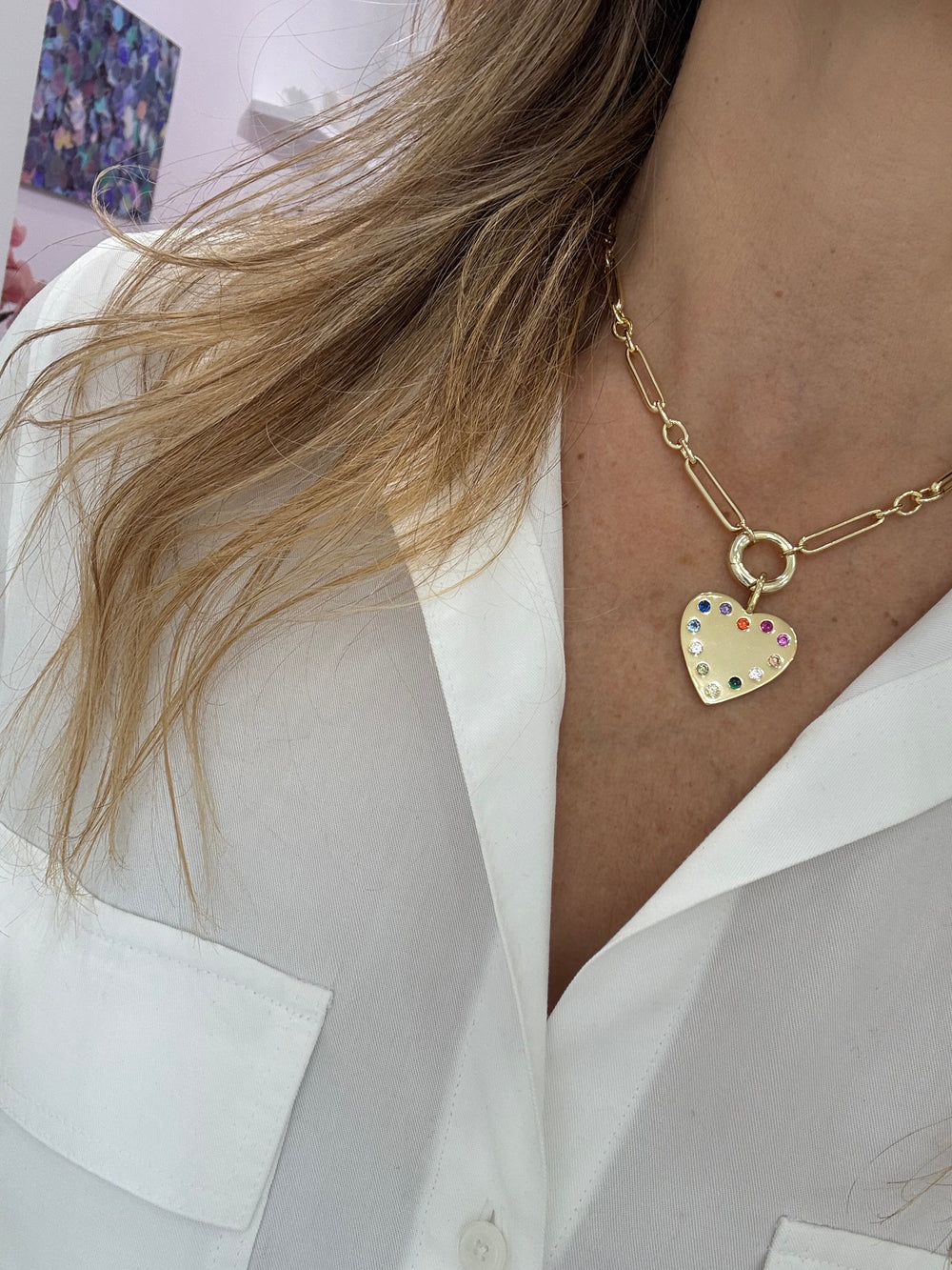 Gold heart with color stones link necklace