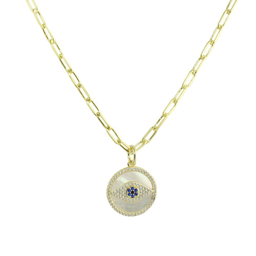 mother of Pearl evil eye paperclip necklace
