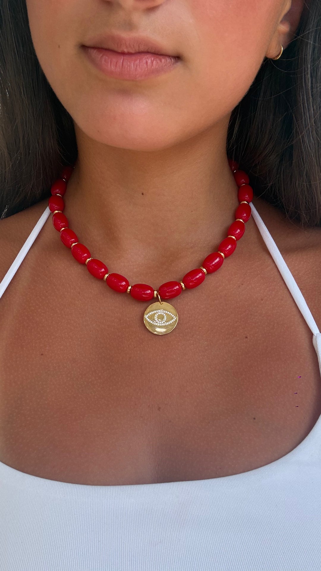 RED BEAD EVIL EYE DISC NECKLACE