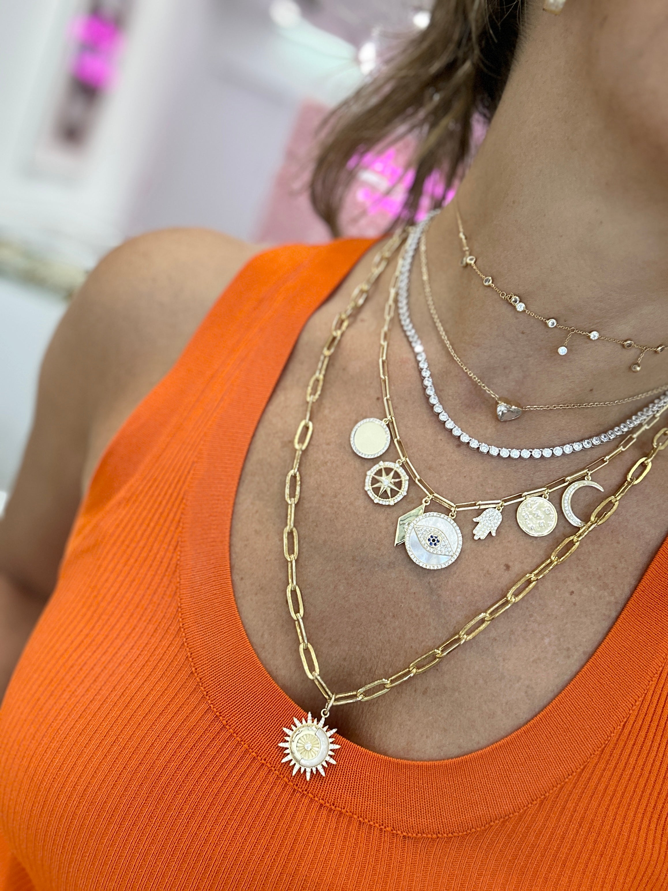 Multi Charm Link Necklace Mother of Pearl Eye