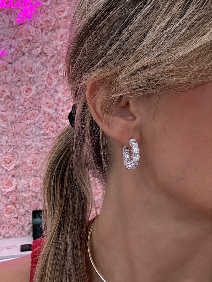 OVAL DIAMOND HOOP EARRINGS - small hoop with big diamonds