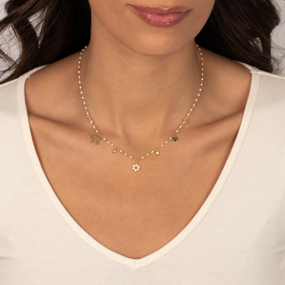 JEWISH CHARMS WHITE BEAD NECKLACE