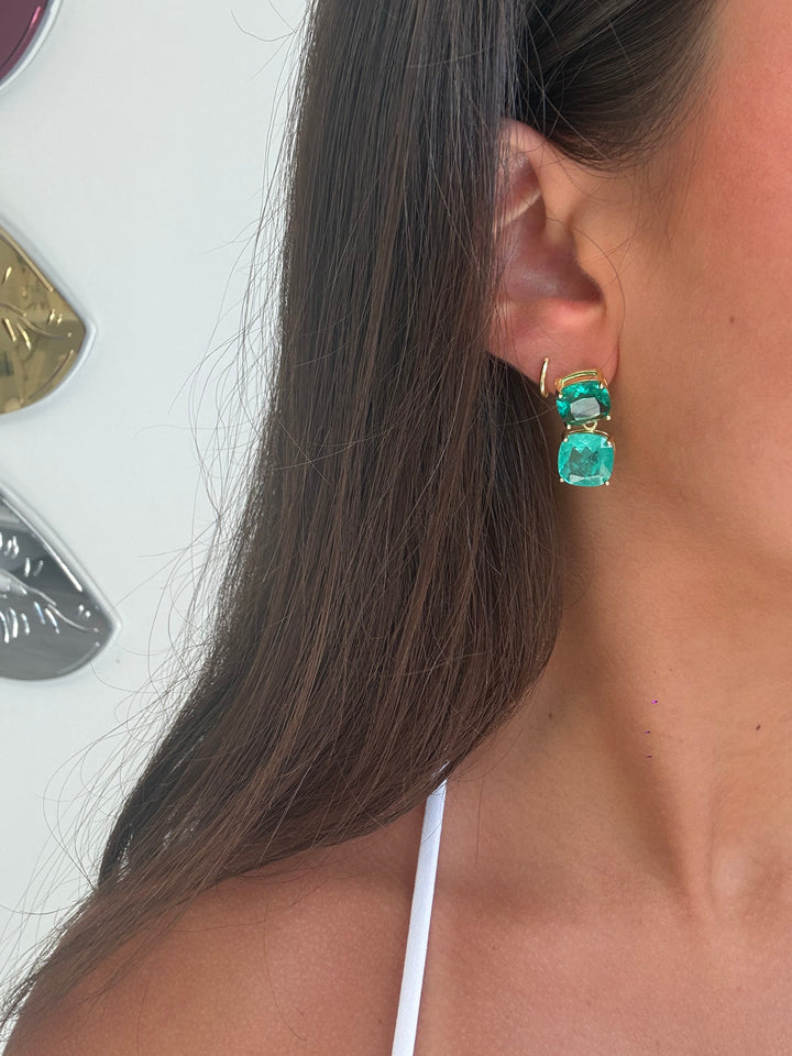 GREEN CUSHION CUT DOUBLE DROP EARRINGS.
