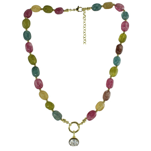 MIXED COLOR BEAD OVAL SOLITAIRE NECKLACE