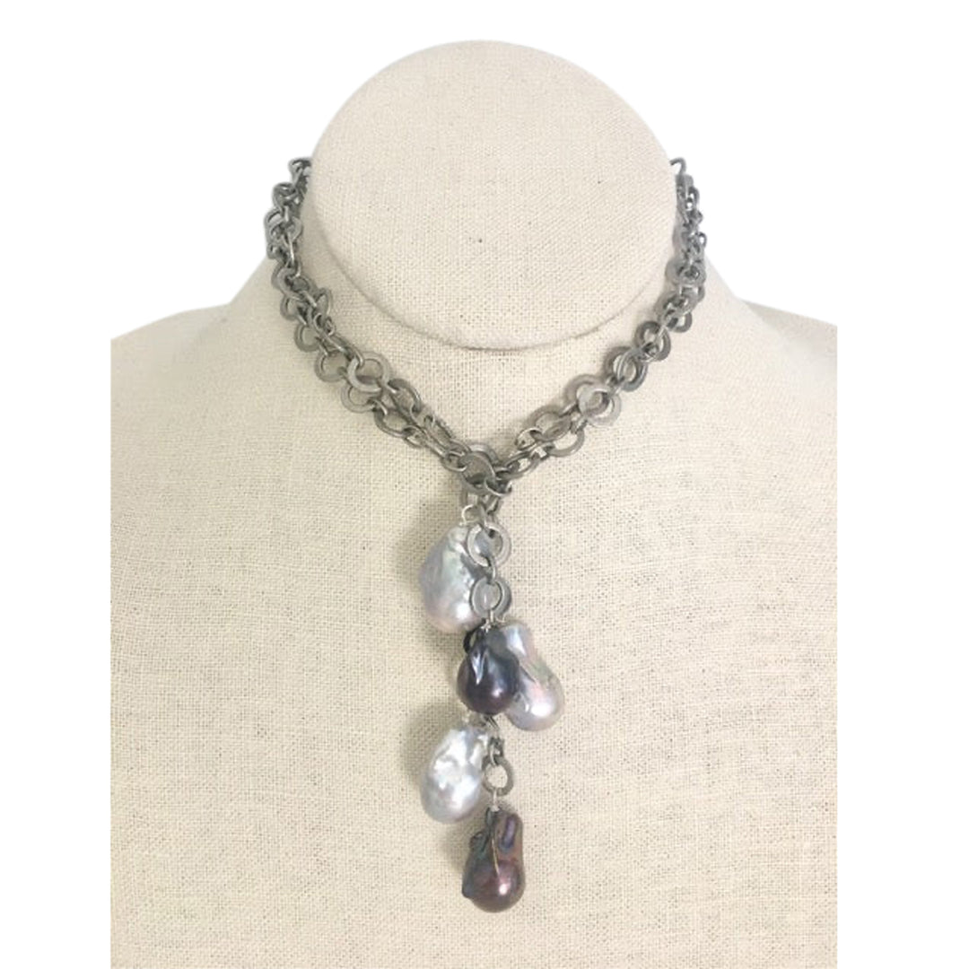 LONG LINK &amp; PEARL LARIAT NECKLACE