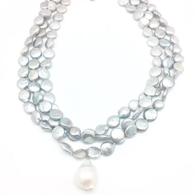 TRIPLE ROW PEARL / AQUAMARINE DROP NECKLACE