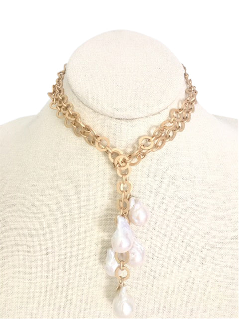 LONG LINK &amp; PEARL LARIAT NECKLACE
