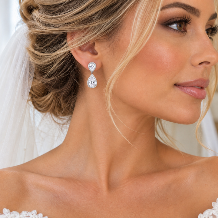 DOUBLE PEAR HALO DROP EARRINGS