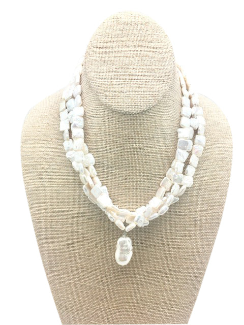 TRIPLE ROW PEARL / AQUAMARINE DROP NECKLACE