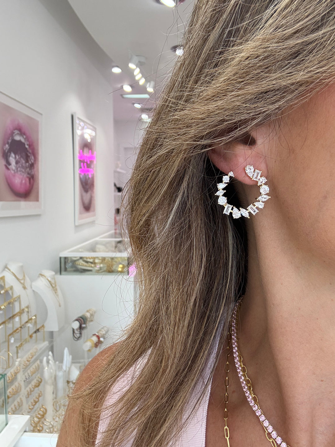 FANCY MIXED STONE OPEN HOOP EARRINGS