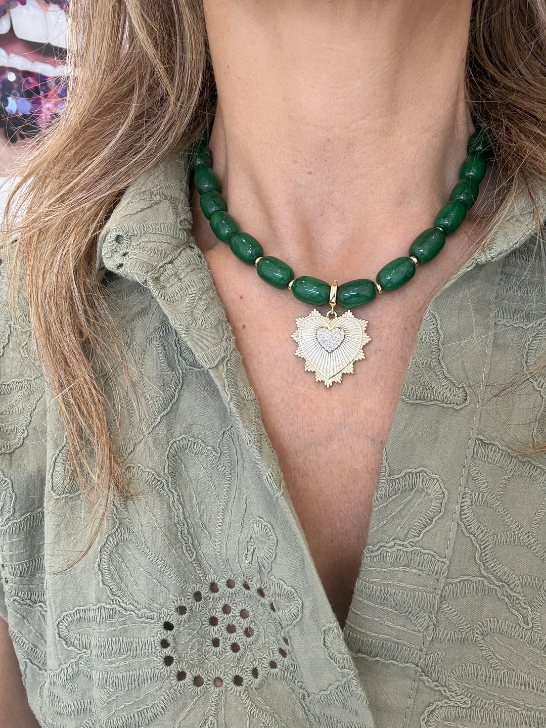 GREEN JADE BEAD HEART NECKLACE