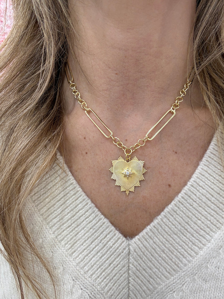 FLUTED HEART MIXED LINK NECKLACE
