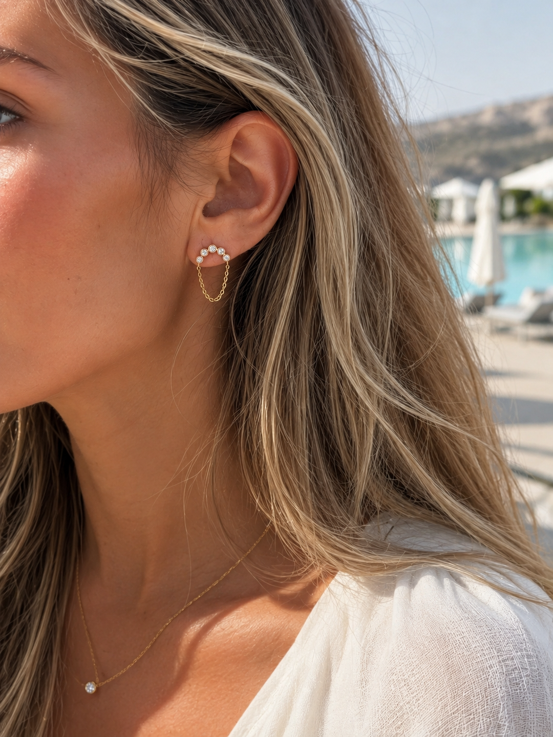 CZ CURVED BAR &amp; CHAIN EARRINGS