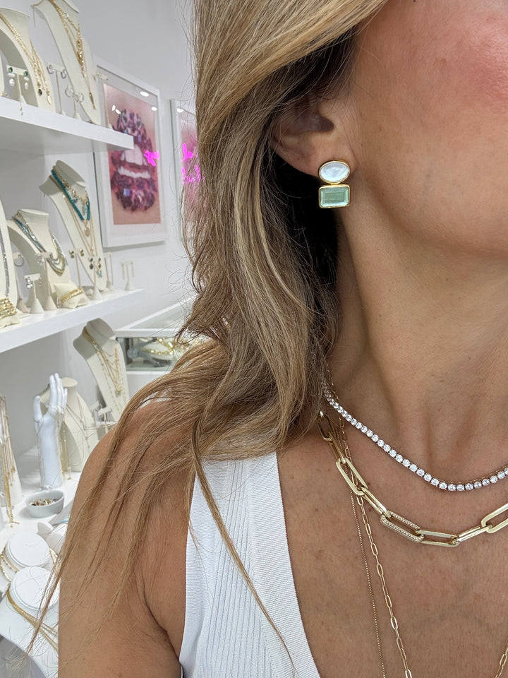 OVAL &amp; SQUARE COLOR TWO STONE EARRINGS