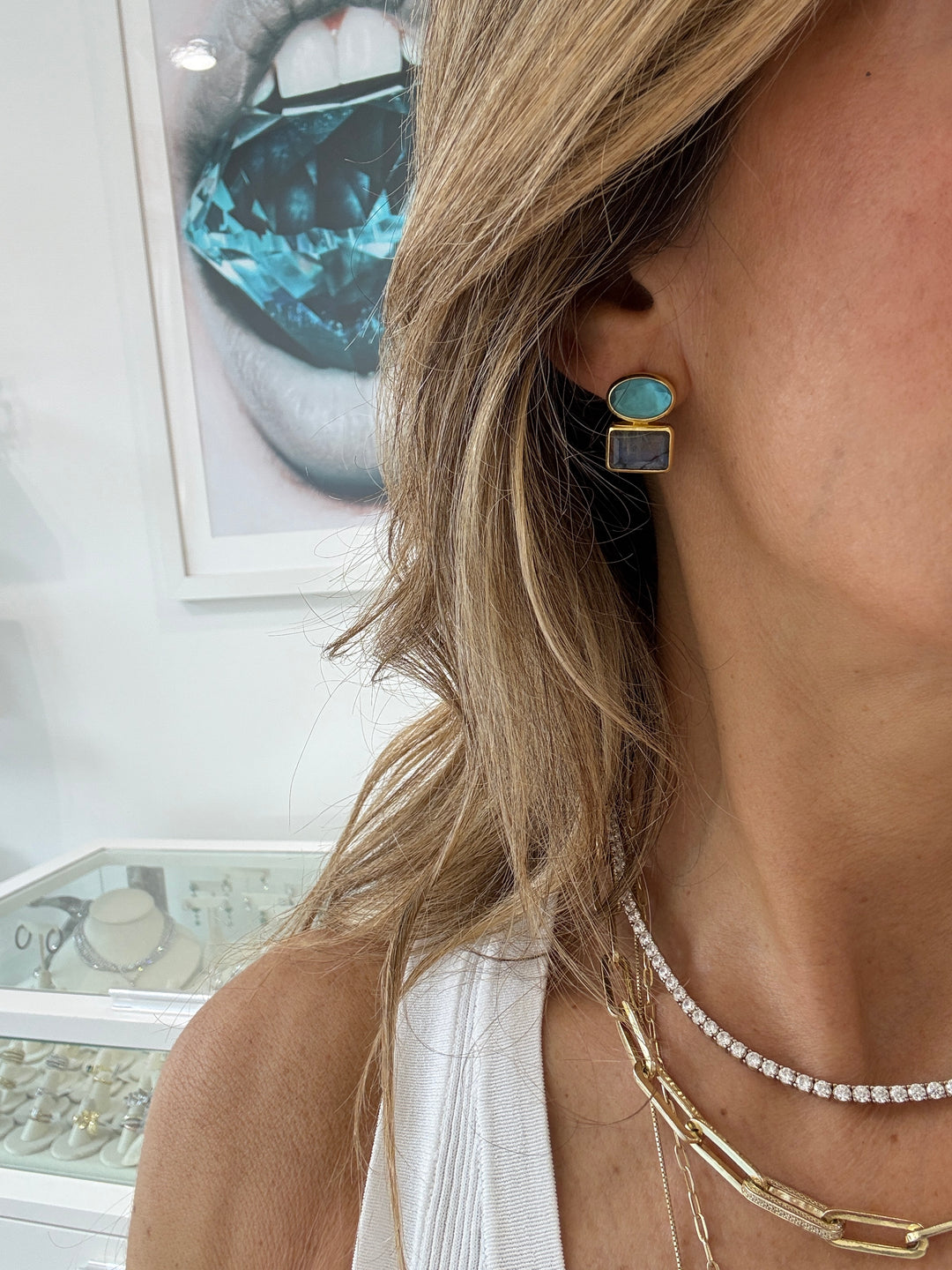 OVAL &amp; SQUARE COLOR TWO STONE EARRINGS