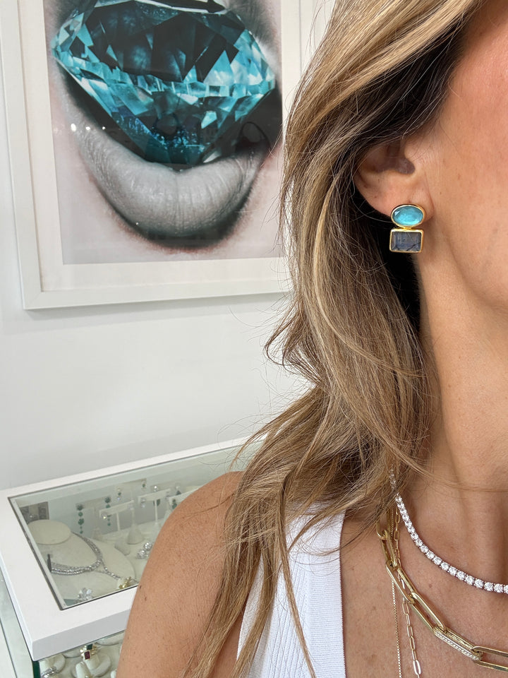 OVAL &amp; SQUARE COLOR TWO STONE EARRINGS