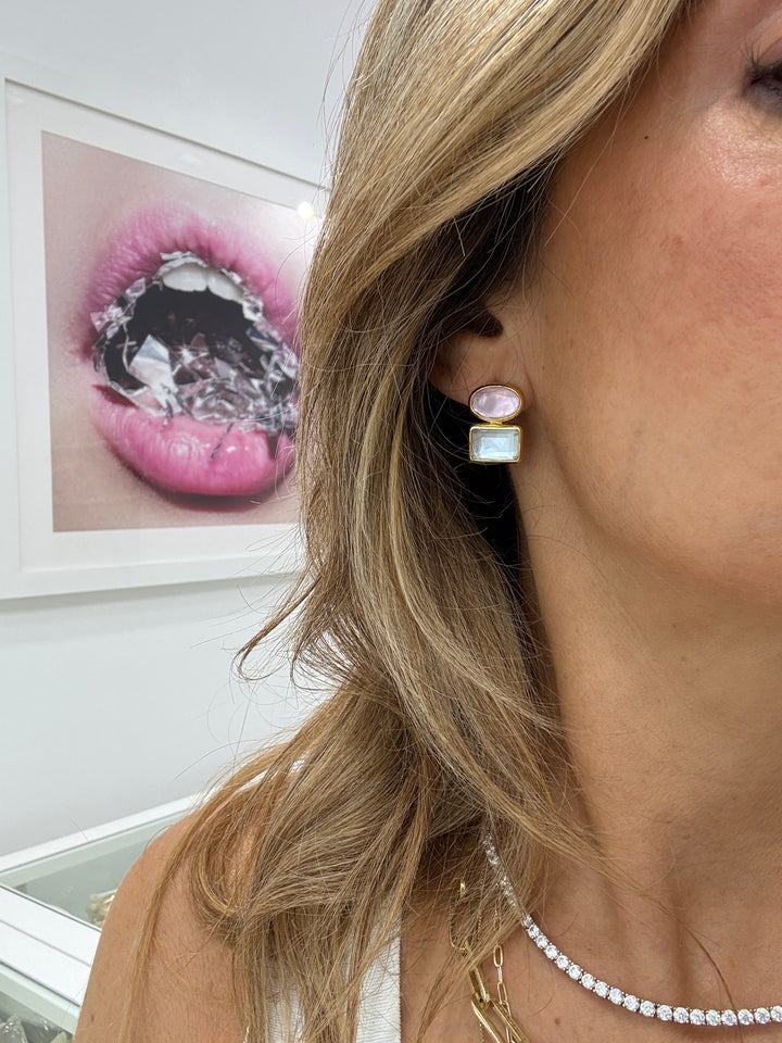 OVAL &amp; SQUARE COLOR TWO STONE EARRINGS