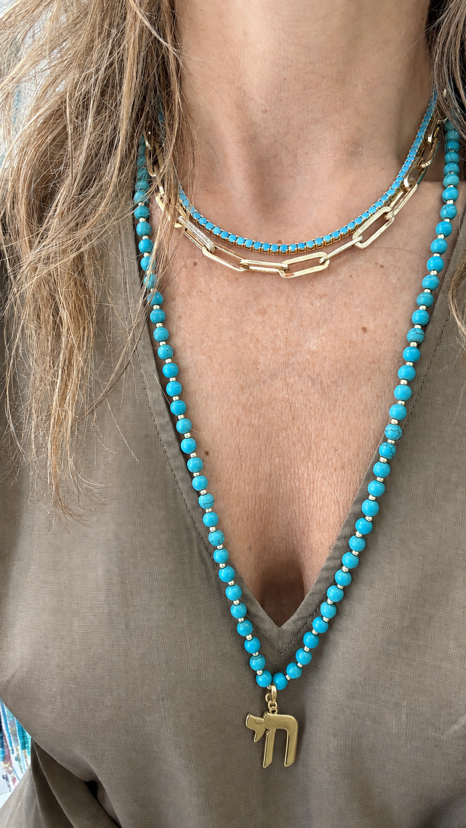 LONG TURQUOISE BEAD CHAI NECKLACE