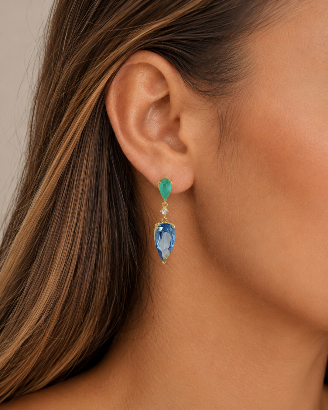 GREEN AND BLUE DOUBLE PEAR DROP EARRINGS