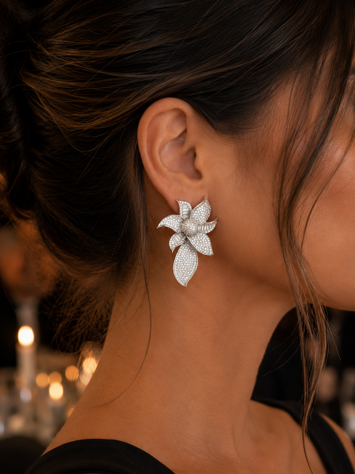 BAGUETTE &amp; PAVÈ FLOWER STATEMENT EARRINGS