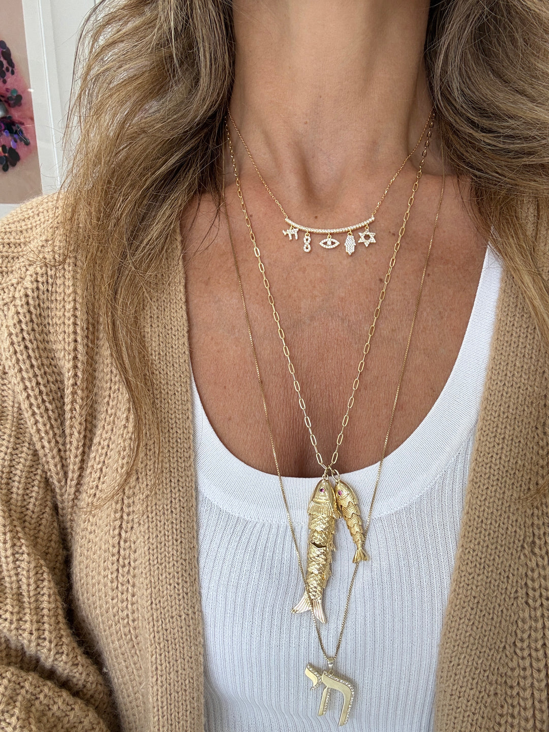 STAR OF DAVID CHARMS BAR NECKLACE