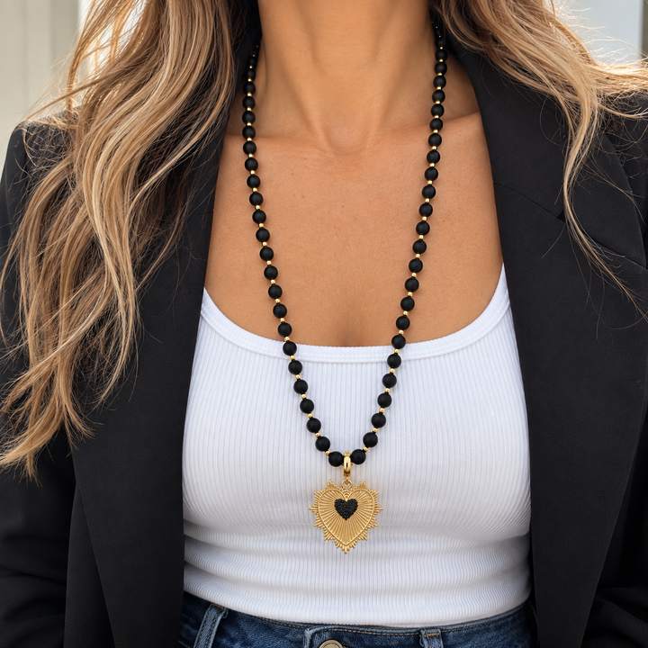 LONG BLACK BEADED HEART NECKLACE