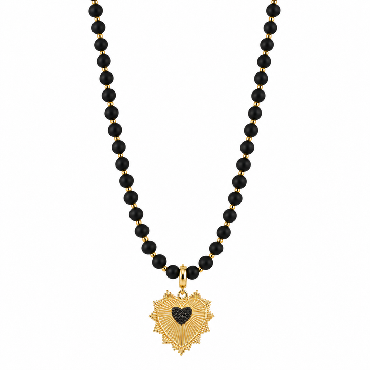 LONG BLACK BEADED HEART NECKLACE