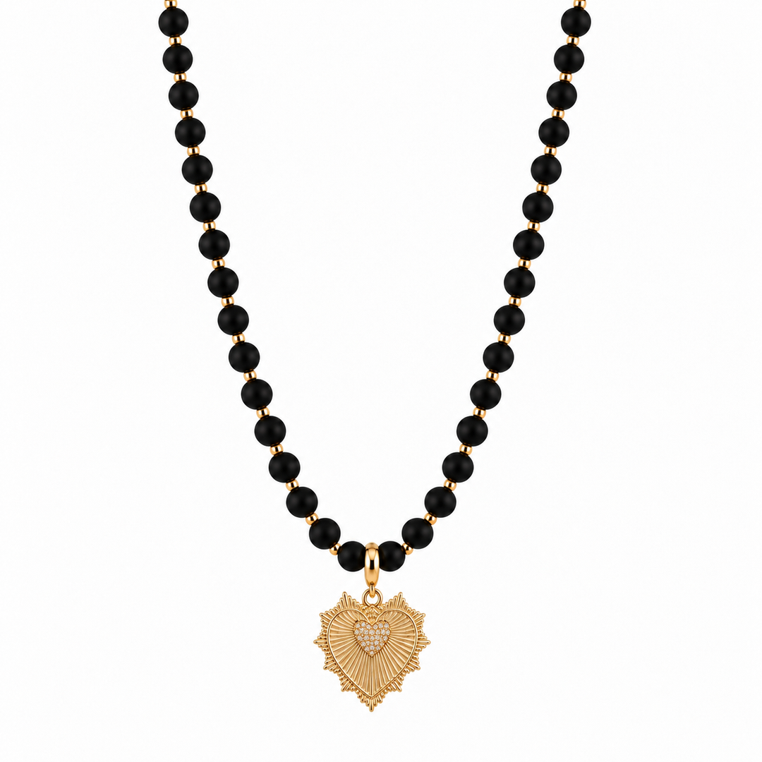 LONG BLACK BEADED HEART NECKLACE