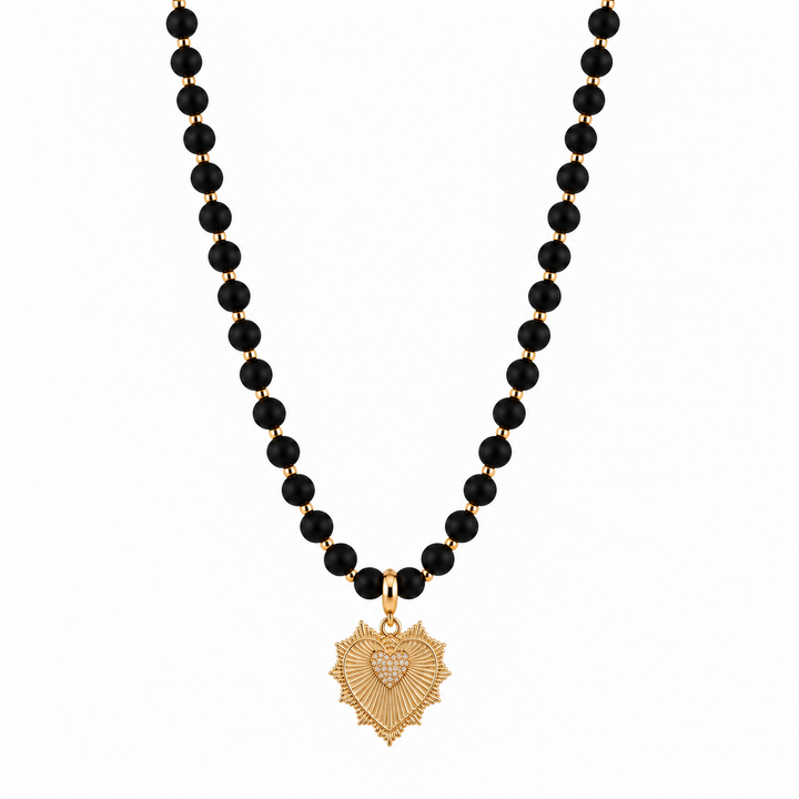 LONG BLACK BEADED HEART NECKLACE