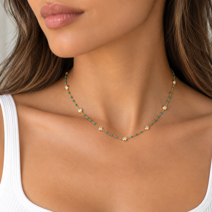 COLOR BEAD BEZEL CZ STATION NECKLACE