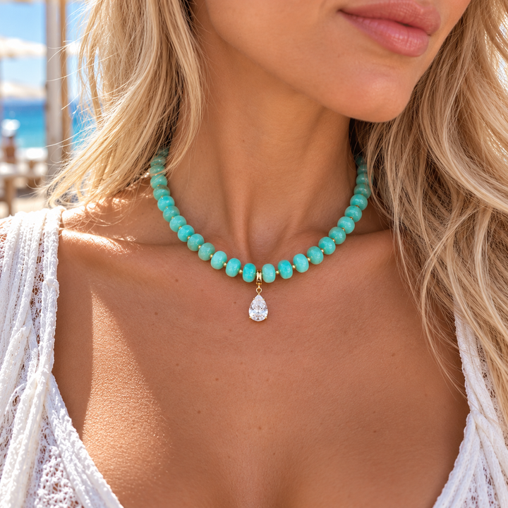 AQUA DIAMOND DROP BEAD NECKLACE