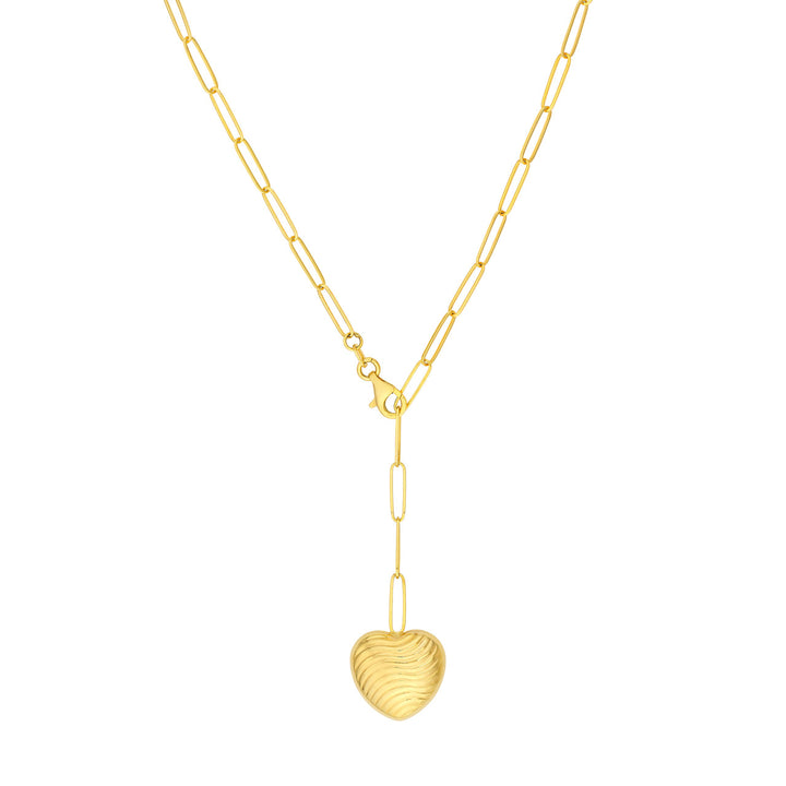 14K PUFFED HEART PAPERCLIP LARIAT NECKLACE