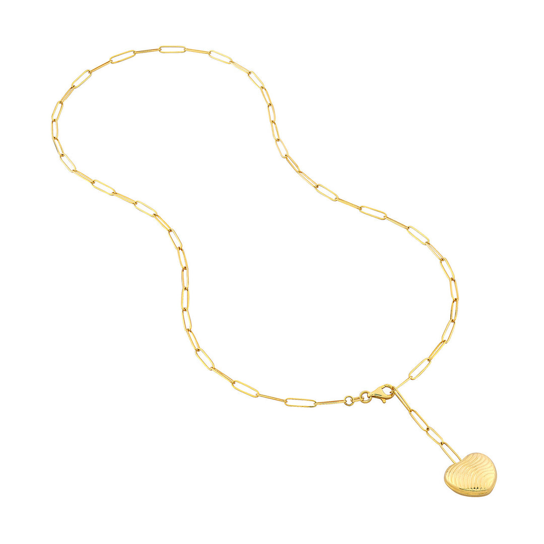14K PUFFED HEART PAPERCLIP LARIAT NECKLACE