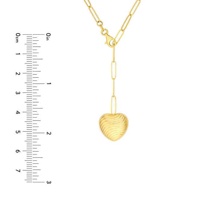 14K PUFFED HEART PAPERCLIP LARIAT NECKLACE