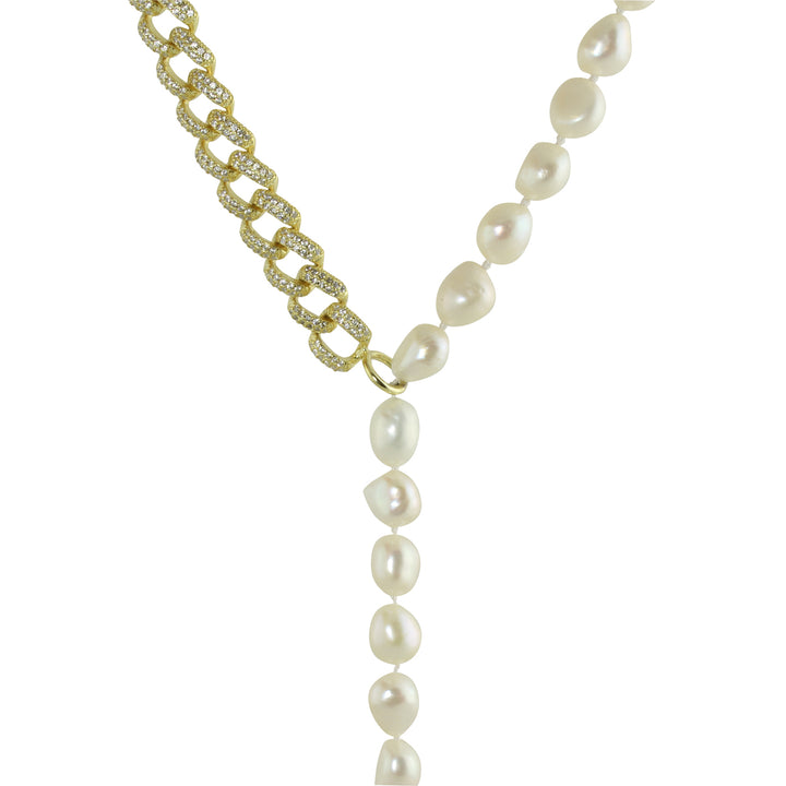 HALF PAVÈ LINK PEARL LARIAT NECKLACE