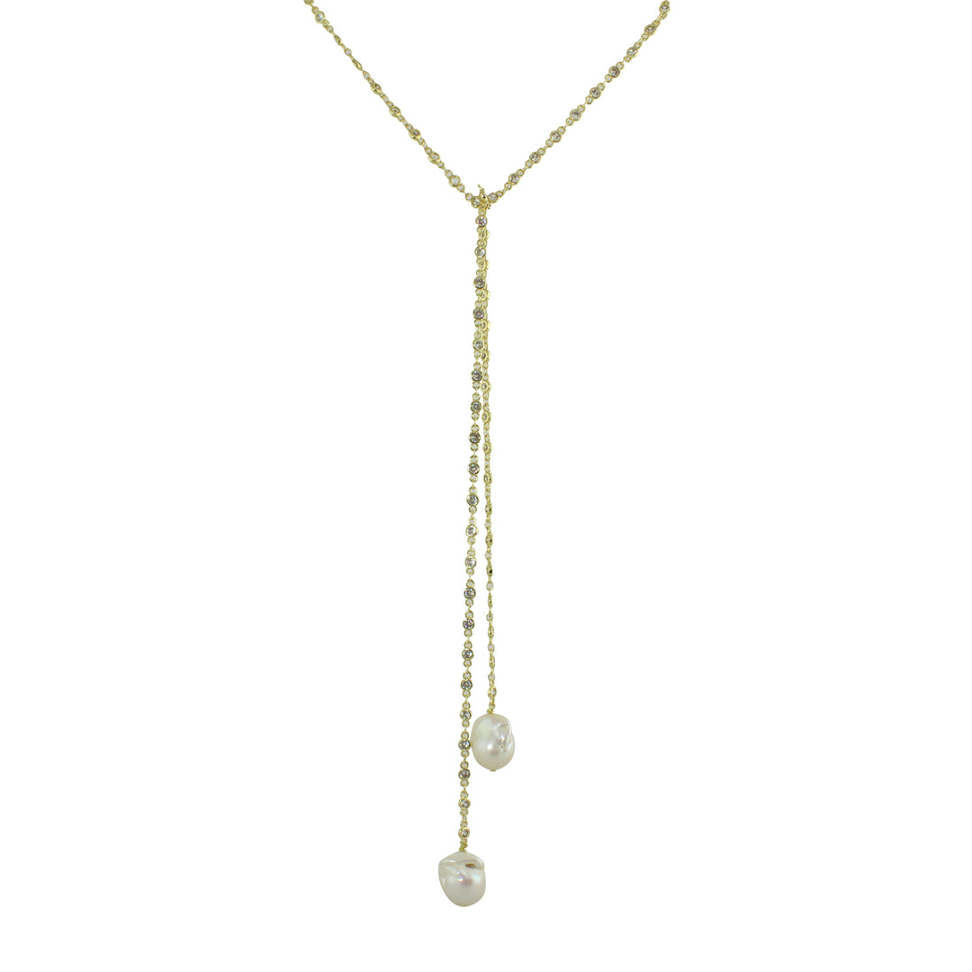 LONG CZ BEZEL LARIAT WITH PEARL ENDS