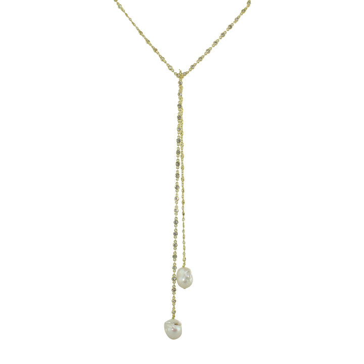 LONG CZ BEZEL LARIAT WITH PEARL ENDS
