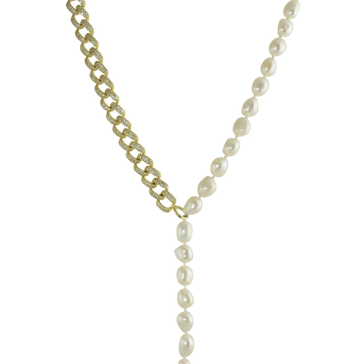 HALF PAVÈ LINK PEARL LARIAT NECKLACE